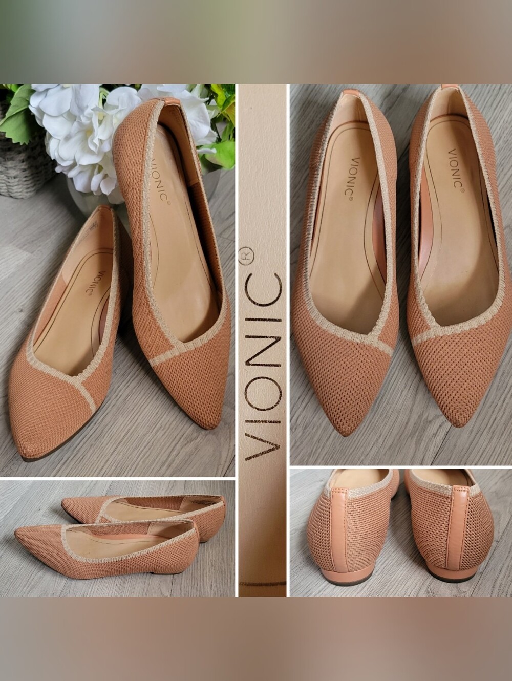 Vionic Dahlia Pointed-Toe Knit Toasted Nut Ballet Flat with Low Heel, US 8 EU 39